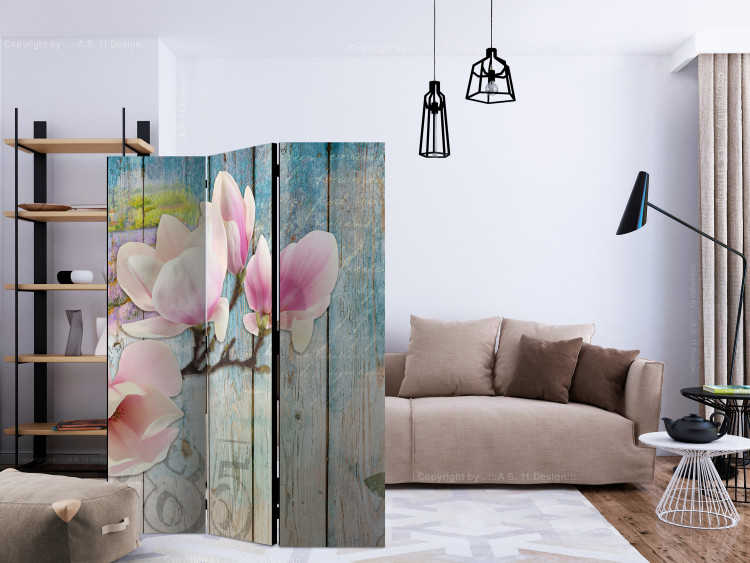 Folding Screen Pink Flowers on Wood (3-piece) - watercolor collage and boards 132846 additionalImage 4