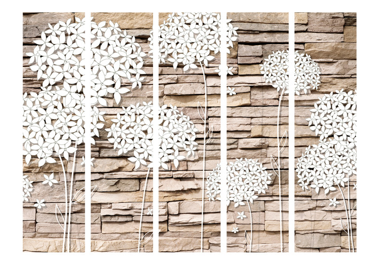 Folding Screen Flowers on Stone II (5-piece) - beige brick and white flowers 133146 additionalImage 3