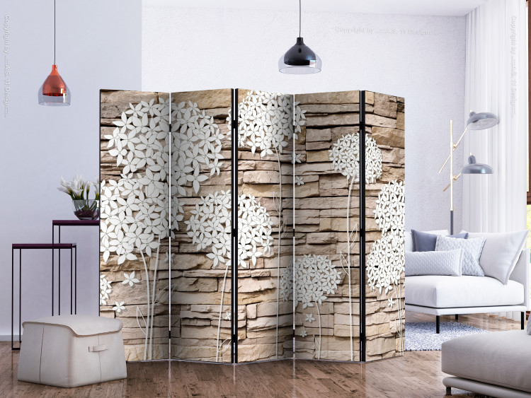 Folding Screen Flowers on Stone II (5-piece) - beige brick and white flowers 133146 additionalImage 2