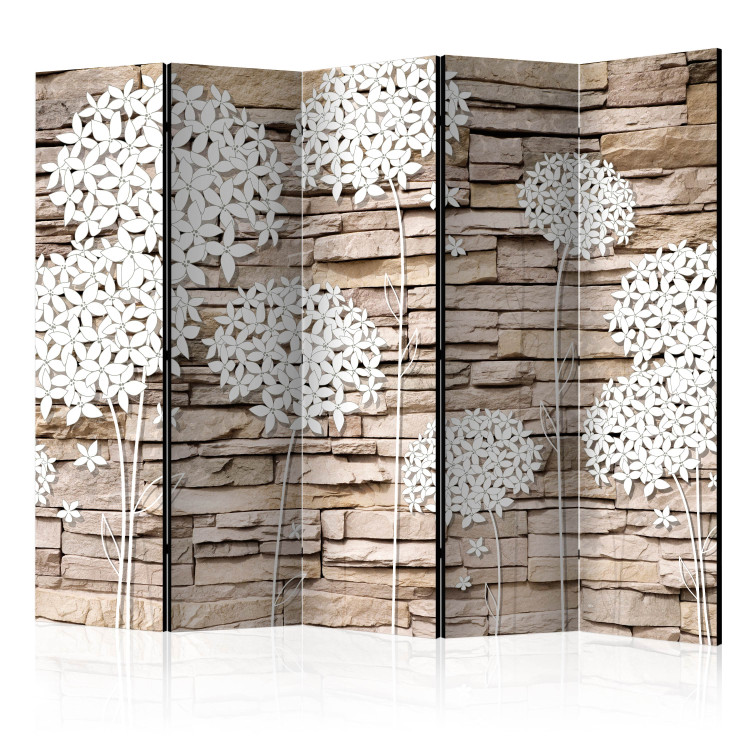 Folding Screen Flowers on Stone II (5-piece) - beige brick and white flowers 133146