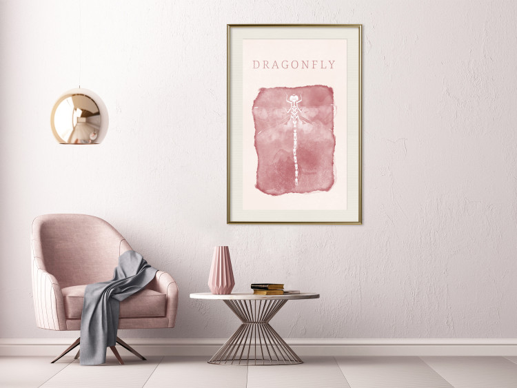 Wall Poster Dragonfly's Delicacy - white insect on a pink background with text in scandi boho style 136546 additionalImage 23