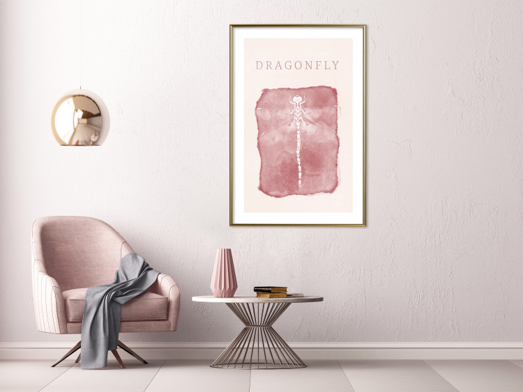 Wall Poster Dragonfly's Delicacy - white insect on a pink background with text in scandi boho style 136546 additionalImage 18