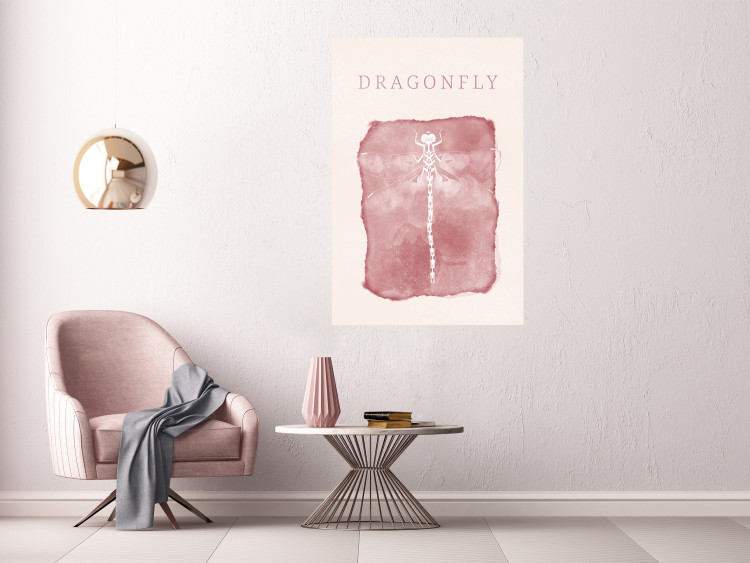 Wall Poster Dragonfly's Delicacy - white insect on a pink background with text in scandi boho style 136546 additionalImage 5