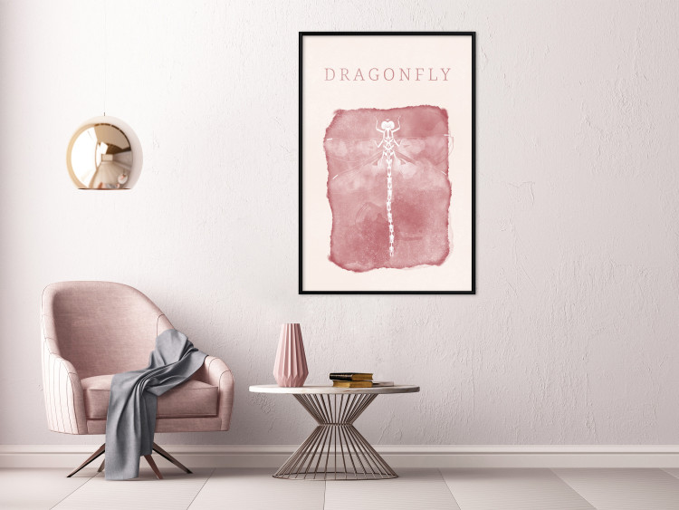 Wall Poster Dragonfly's Delicacy - white insect on a pink background with text in scandi boho style 136546 additionalImage 3