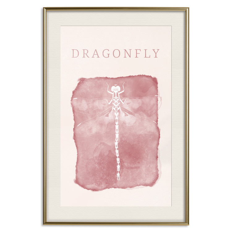 Wall Poster Dragonfly's Delicacy - white insect on a pink background with text in scandi boho style 136546 additionalImage 15
