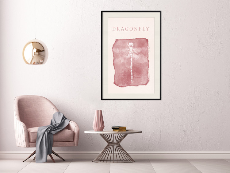 Wall Poster Dragonfly's Delicacy - white insect on a pink background with text in scandi boho style 136546 additionalImage 22