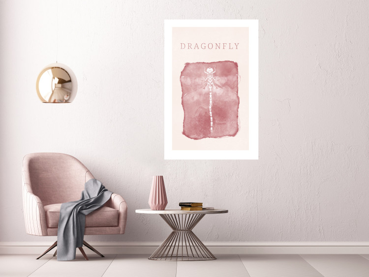 Wall Poster Dragonfly's Delicacy - white insect on a pink background with text in scandi boho style 136546 additionalImage 4