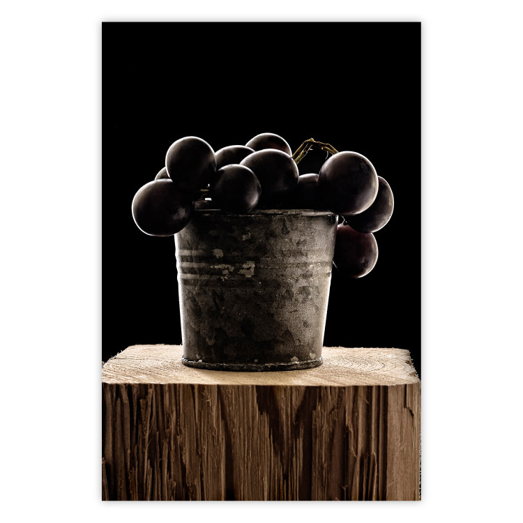 Poster Juice of Love - metal bucket with fruits standing on a wooden stump 138046