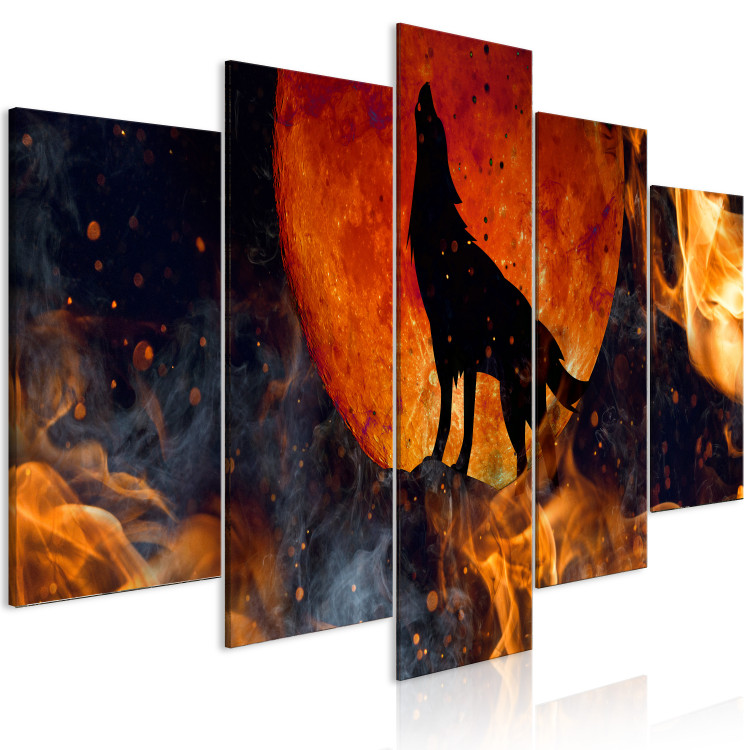 Canvas Wolf in Fire (5-piece) wide - black animal against moon background 138546 additionalImage 2