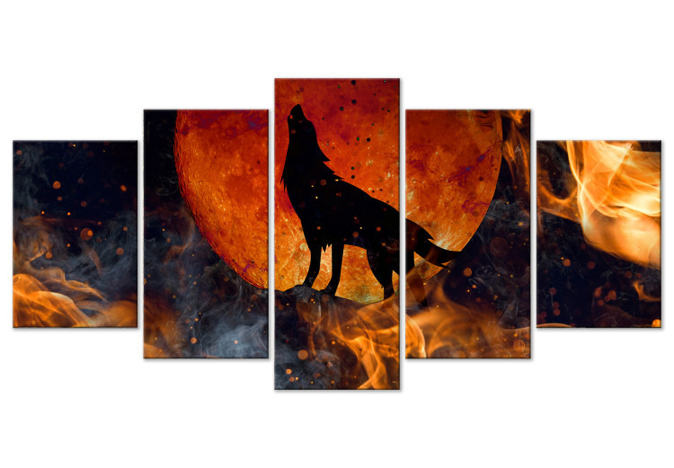 Canvas Wolf in Fire (5-piece) wide - black animal against moon background 138546
