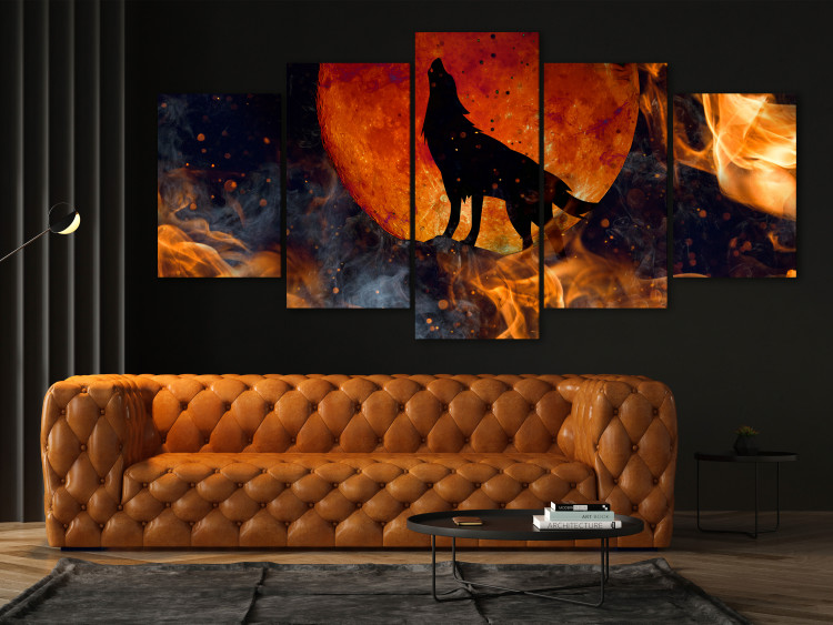 Canvas Wolf in Fire (5-piece) wide - black animal against moon background 138546 additionalImage 3