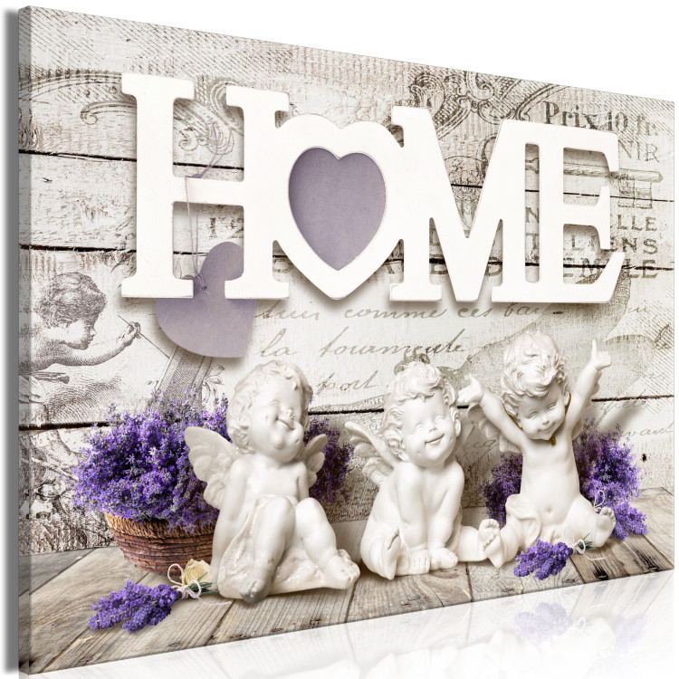 Canvas Angels' Home (1-piece) Wide - cheerful figurines and white text in the background 142246 additionalImage 2