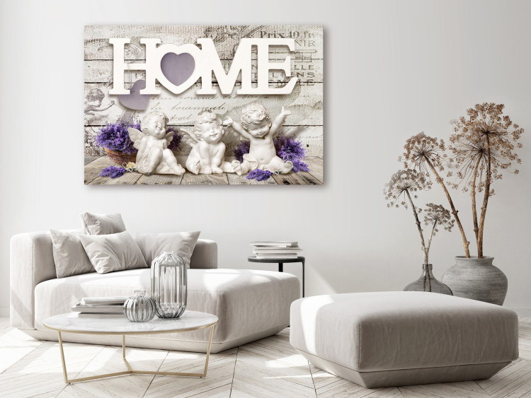 Canvas Angels' Home (1-piece) Wide - cheerful figurines and white text in the background 142246 additionalImage 3