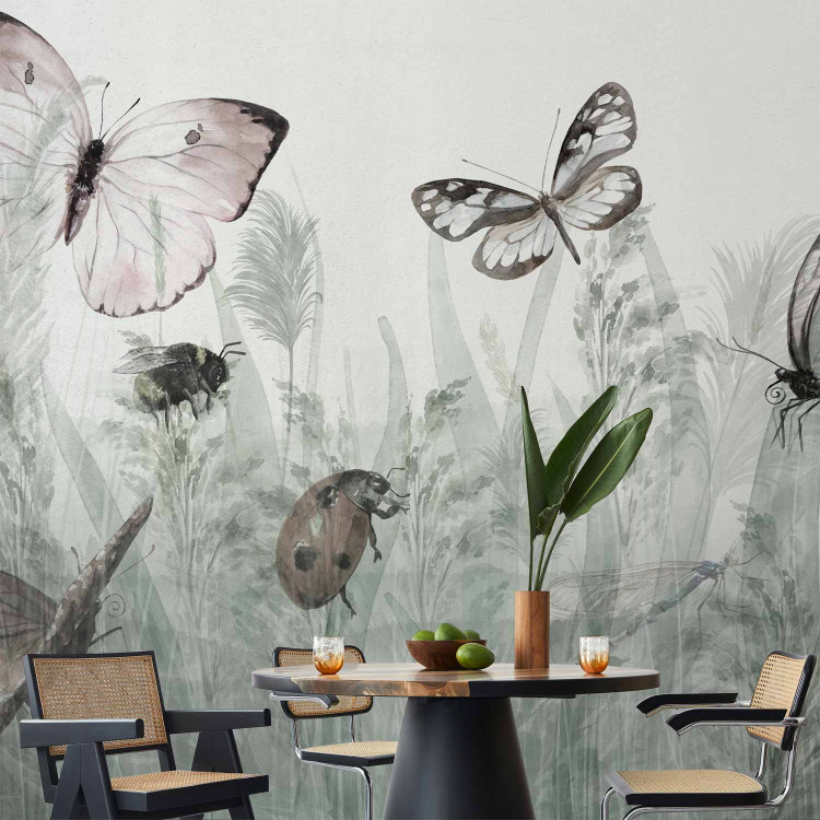 Wall Mural Landscape - butterflies and ladybirds among tall grasses in shades of grey 143846 additionalImage 6