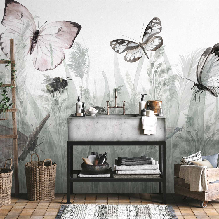 Wall Mural Landscape - butterflies and ladybirds among tall grasses in shades of grey 143846 additionalImage 8