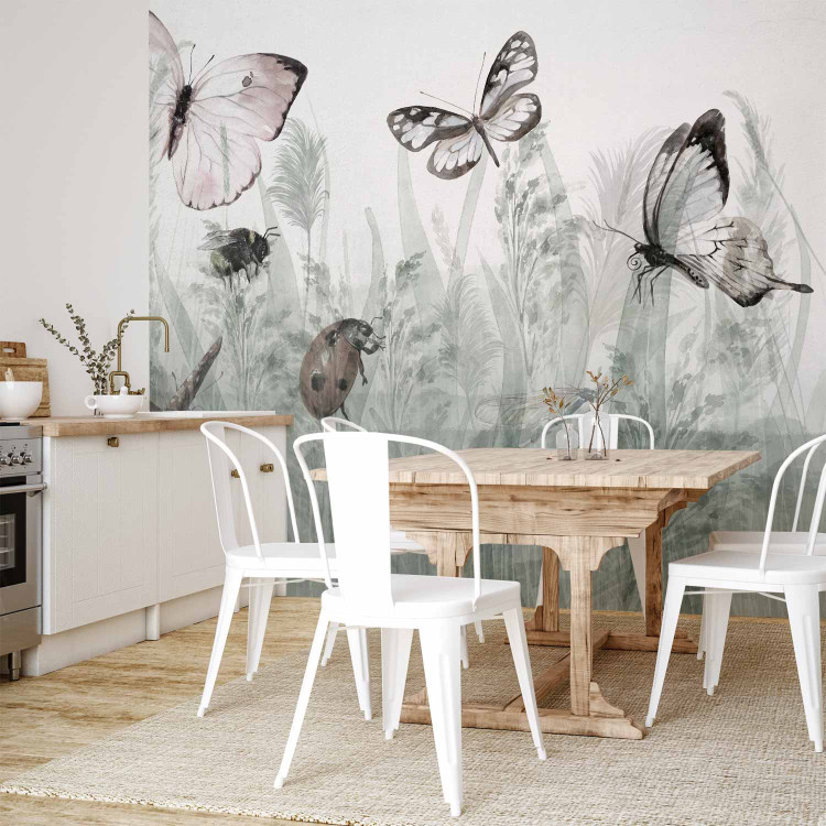 Wall Mural Landscape - butterflies and ladybirds among tall grasses in shades of grey 143846 additionalImage 7