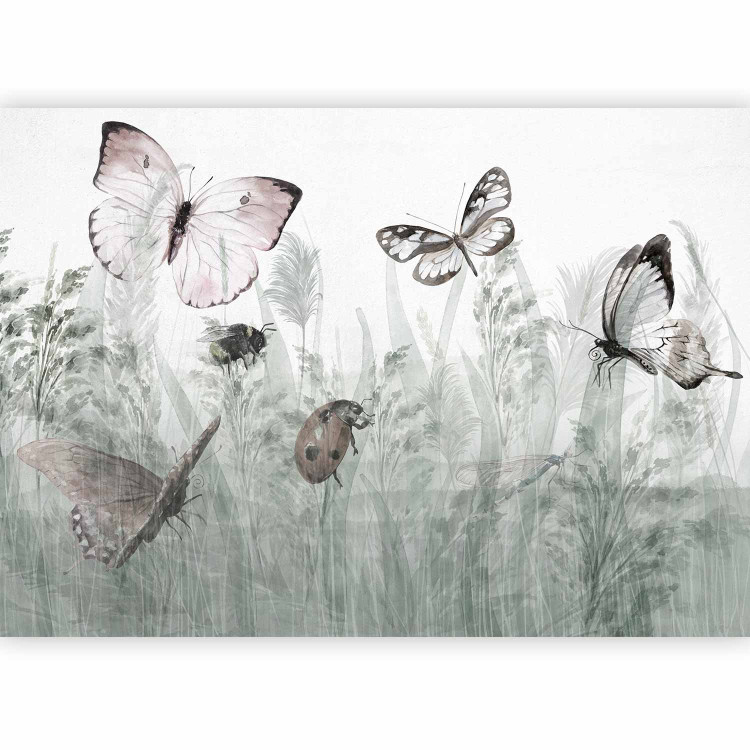 Wall Mural Landscape - butterflies and ladybirds among tall grasses in shades of grey 143846 additionalImage 1