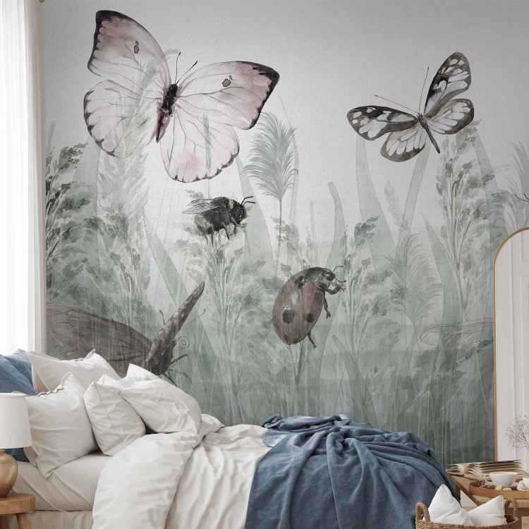 Wall Mural Landscape - butterflies and ladybirds among tall grasses in shades of grey 143846 additionalImage 2