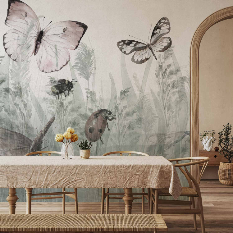 Wall Mural Landscape - butterflies and ladybirds among tall grasses in shades of grey 143846 additionalImage 4