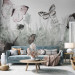 Wall Mural Landscape - butterflies and ladybirds among tall grasses in shades of grey 143846