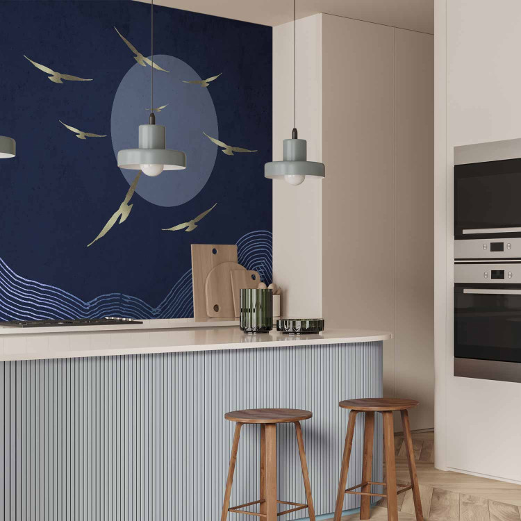 Wall Mural Flying birds towards the sun - dark blue landscape with linear mountains 144646 additionalImage 7
