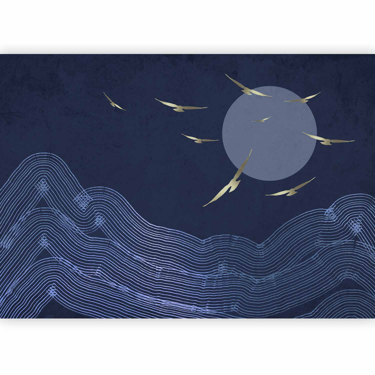 Wall Mural Flying birds towards the sun - dark blue landscape with linear mountains 144646 additionalImage 1