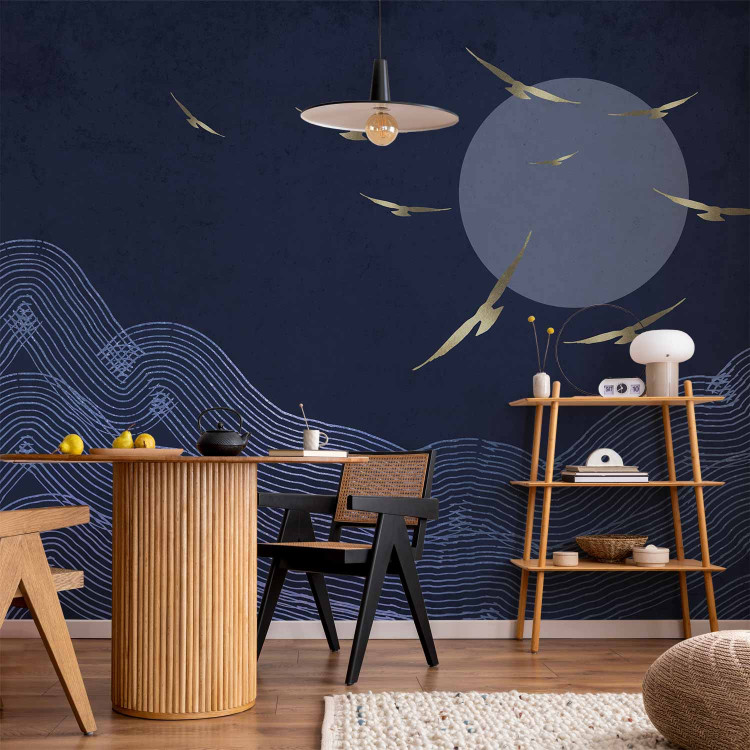 Wall Mural Flying birds towards the sun - dark blue landscape with linear mountains 144646 additionalImage 6