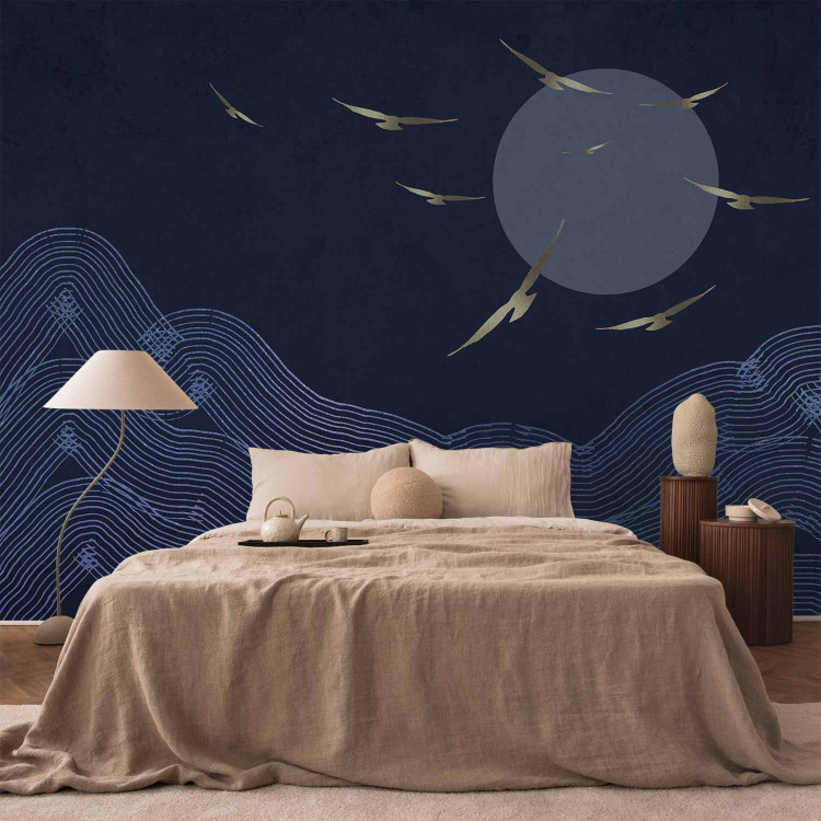 Wall Mural Flying birds towards the sun - dark blue landscape with linear mountains 144646 additionalImage 2