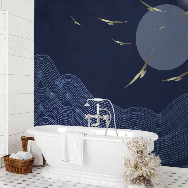 Wall Mural Flying birds towards the sun - dark blue landscape with linear mountains 144646 additionalImage 8