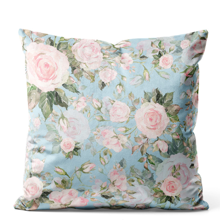 Decorative Velor Pillow Elusive painting - roses in cottagecore style on blue background 147146