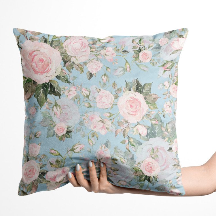 Decorative Velor Pillow Elusive painting - roses in cottagecore style on blue background 147146 additionalImage 2