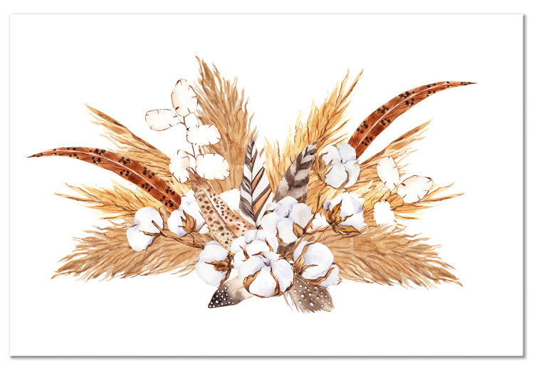 Canvas Watercolor Bouquet - Composition of Feathers and Dry Grass in Shades of Beige 149746