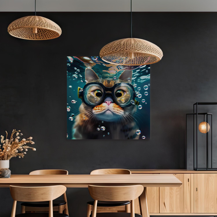 Canvas Print AI Cat - Diving Animal in Goggles Among Bubbles - Square 150146 additionalImage 5