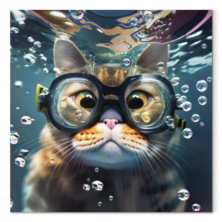Canvas Print AI Cat - Diving Animal in Goggles Among Bubbles - Square 150146