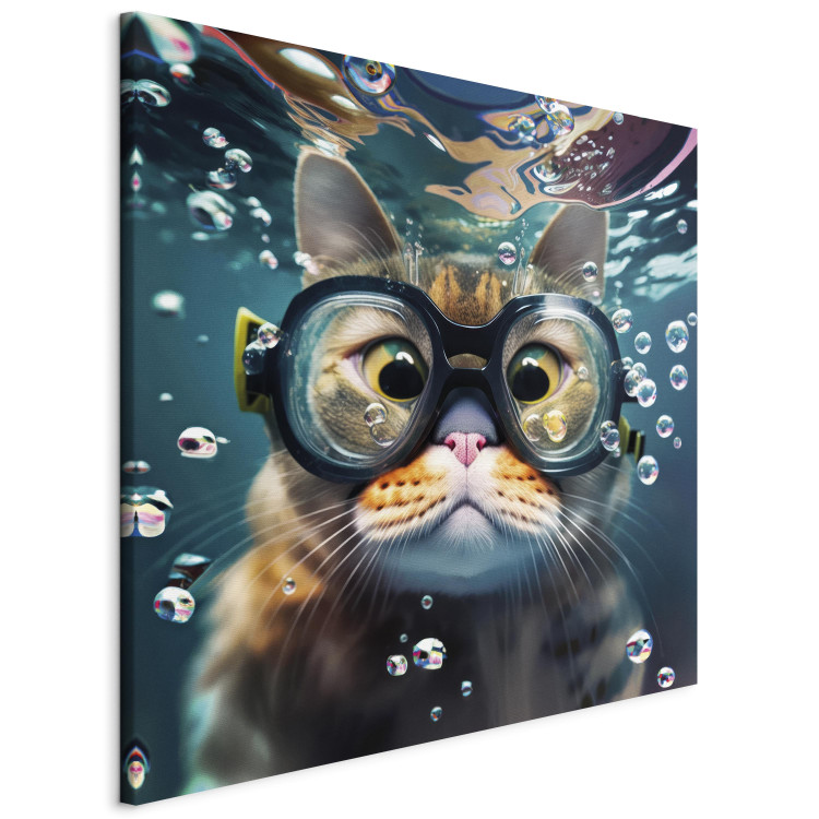 Canvas Print AI Cat - Diving Animal in Goggles Among Bubbles - Square 150146 additionalImage 2
