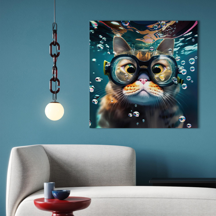 Canvas Print AI Cat - Diving Animal in Goggles Among Bubbles - Square 150146 additionalImage 3