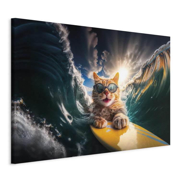 Canvas Art Print AI Cat - Ginger Animal Surfing on a Board in a Stormy Sea - Horizontal 150246 additionalImage 2