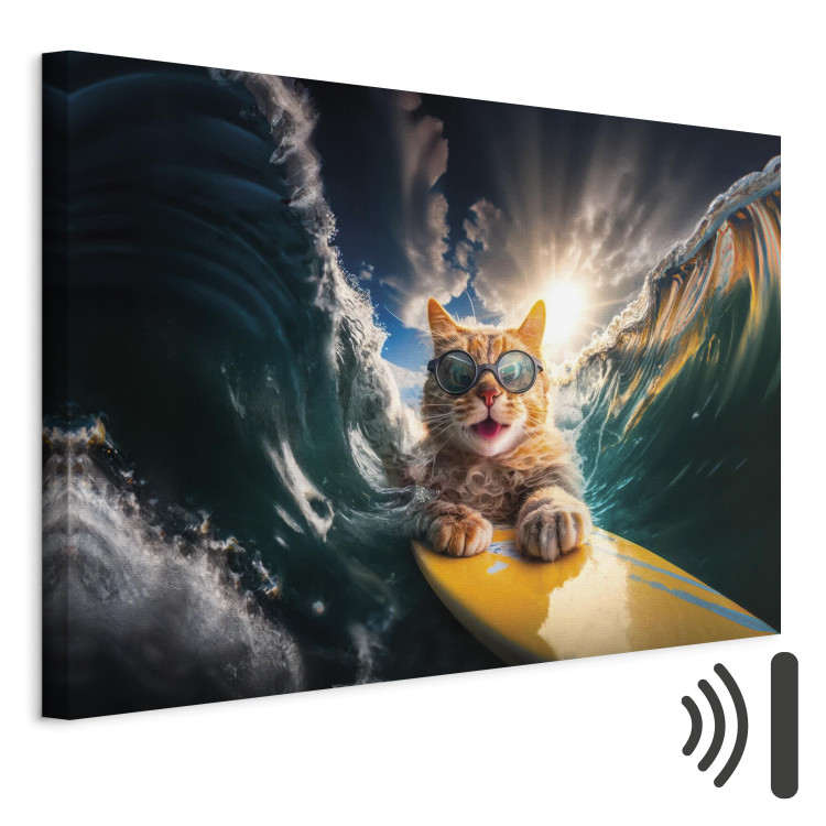 Canvas Art Print AI Cat - Ginger Animal Surfing on a Board in a Stormy Sea - Horizontal 150246 additionalImage 8