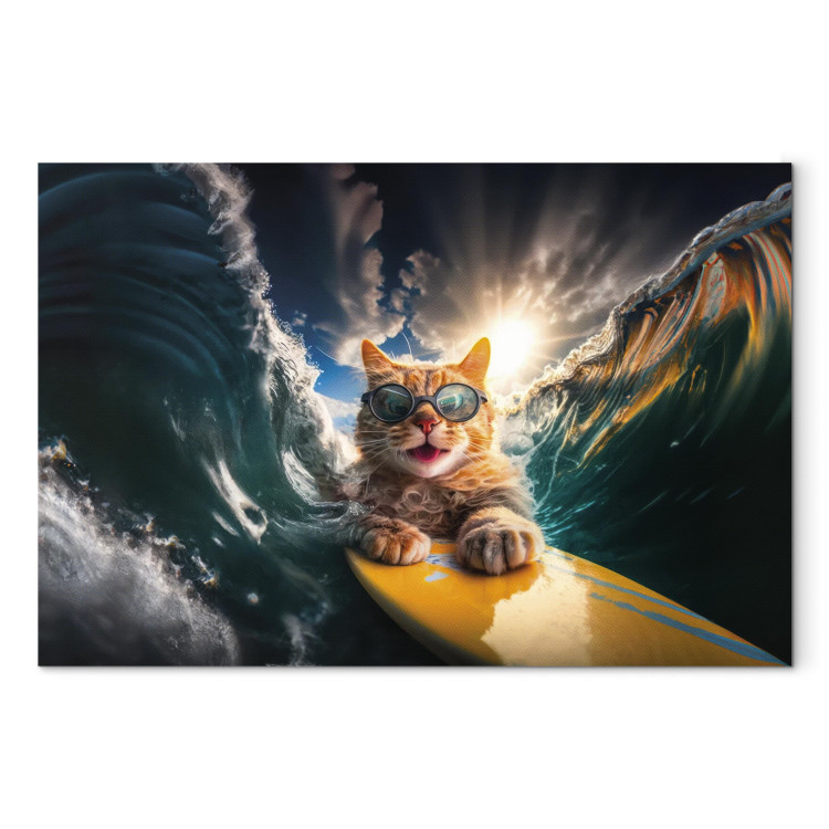 Canvas Art Print AI Cat - Ginger Animal Surfing on a Board in a Stormy Sea - Horizontal 150246