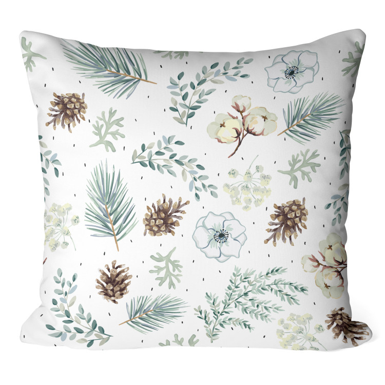 Decorative Microfiber Pillow Forest Composition - Tree Branches and Cones and Flowers on a White Background 151346