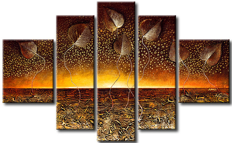 Canvas Art Print Golden Horizon (5-piece) - fantasy with sunset and leaves 47246