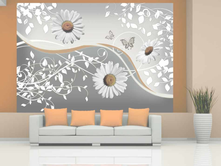 Photo Wallpaper Daisies - Fantasy with Flowers on Background with Plant Pattern and Butterflies 60846