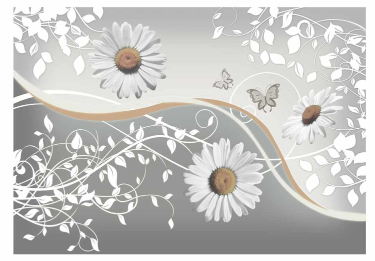 Photo Wallpaper Daisies - Fantasy with Flowers on Background with Plant Pattern and Butterflies 60846 additionalImage 1