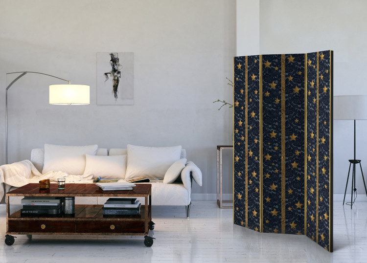 Room Separator Lacy Constellation - golden stars on black luxury fabric 95546 additionalImage 2