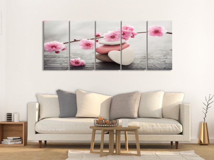Canvas Print Tricolor Pebbles (5-piece) - Stone Heart and Cherry Blossoms 105756 additionalImage 3