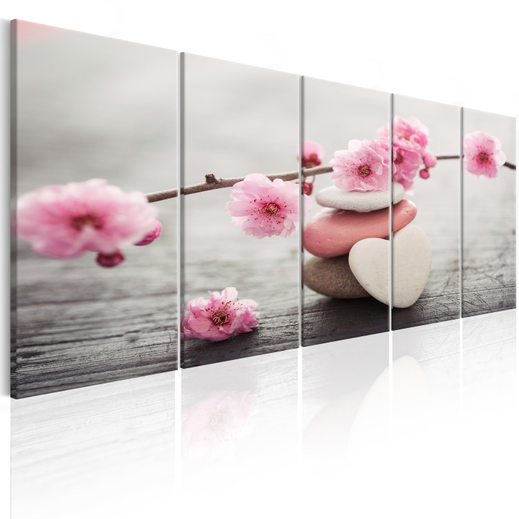 Canvas Print Tricolor Pebbles (5-piece) - Stone Heart and Cherry Blossoms 105756 additionalImage 2