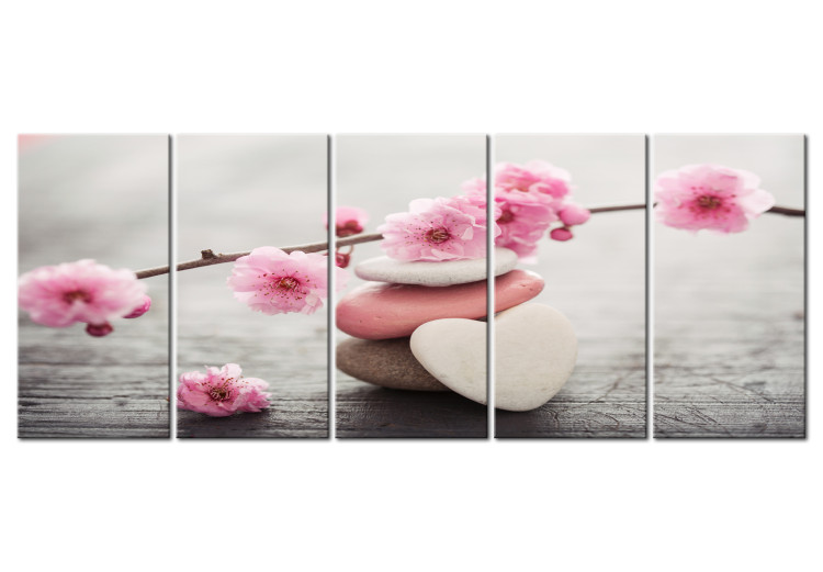 Canvas Print Tricolor Pebbles (5-piece) - Stone Heart and Cherry Blossoms 105756