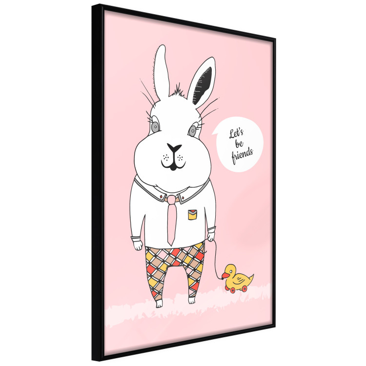 Wall Poster Bunny's Friend - rabbit character holding a duckling on a pink background 122756 additionalImage 12
