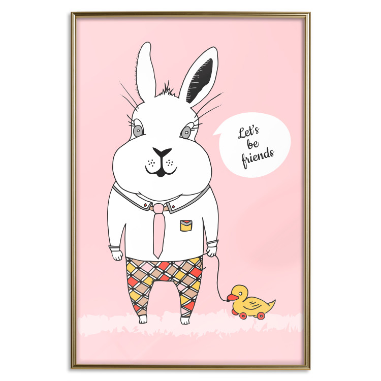 Wall Poster Bunny's Friend - rabbit character holding a duckling on a pink background 122756 additionalImage 16