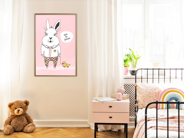 Wall Poster Bunny's Friend - rabbit character holding a duckling on a pink background 122756 additionalImage 7